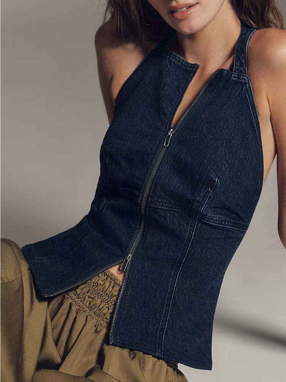 NWT Anthropologie Pilco Sleeveless Zip-Front Dark Denim Halter Top XL - Picture 2 of 6